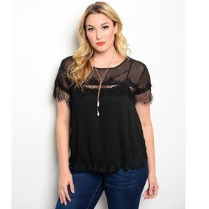 C.O.C. Ladies Top Scoop Neck Lace Pleated Short-Sleeve Solid Black Size 2XL  NWT